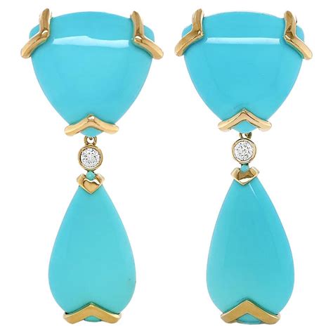 D Bouzan Turquoise Diamond Gold Platinum Drop Earrings At 1stDibs