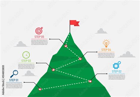 Five Step Mountain Infographic Path To Top Peak Of Mountain Business