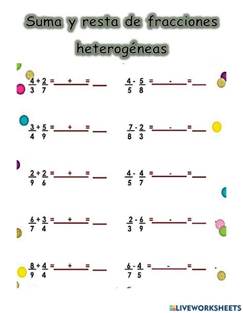 Ficha Online De Suma Y Resta De Fracciones Heterog Neas Para Cuarto Resta De Fracciones