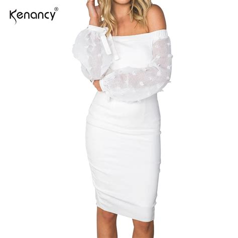 Kenancy Sexy Women Off The Shoulder Puff Sleeve Dress Transparent Mesh
