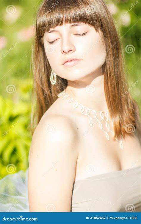 Outdoor Fashion Portrait Of Young Beautiful Sensual Brunette Stock