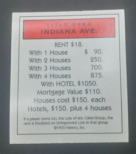 Monopoly Indiana Ave Title Deed Card Replacement Game Piece Part Hasbro Picclick
