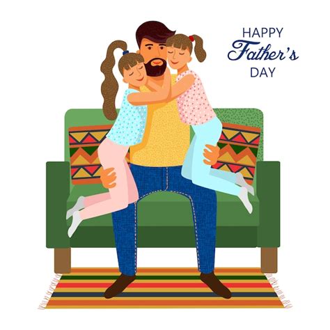Feliz Día Del Padre Padre De Dibujos Animados Lindo Plano E Hijas En