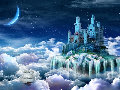 Artistic Moon Stars Fantasy Sailboat Castle Cloud Hd Wallpaper