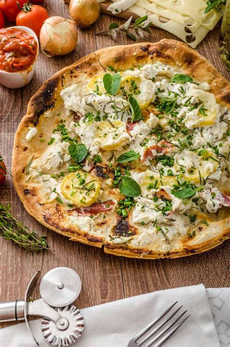 Pizza Bianco With Rosemary And Pancetta Stock Photo Image Of Garlic