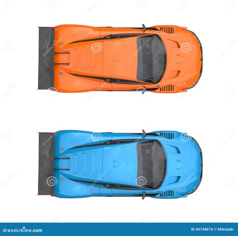 Metallic Blue And Orange Super Sports Cars Top View Stock Photo