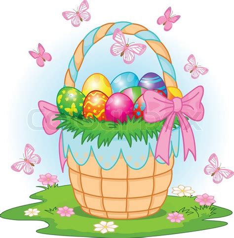 Beautiful Easter Basket With Colorful Eggs On The Meadow Stock Vector