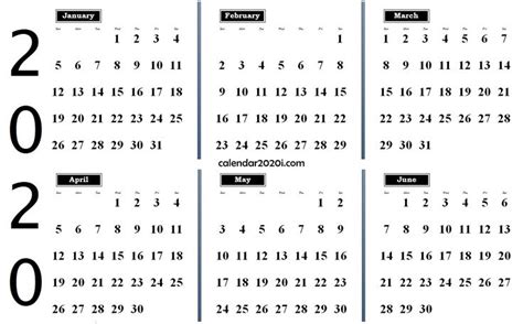 6 Months 2020 Half Year Printable Calendar Calendar
