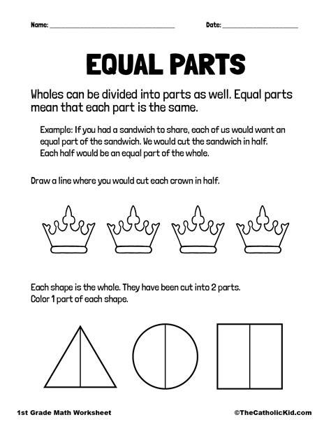 Equal Parts Fractions 1st Grade Math Worksheet Catholic