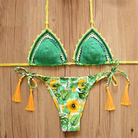 Green Sunflower Tie Up Knit Brazilian Bikini Set Swimwear Swimsuit