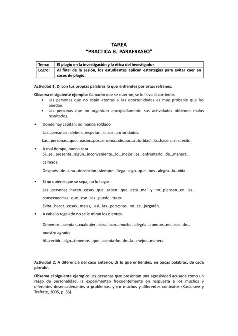 S1 Tarea Practica El Parafraseo Material Tarea “practica El Parafraseo” Tema El Plagio En La