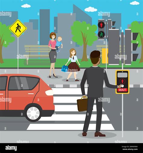 Different Pedestrians In A Crosswalkcity Street Viewflat Vector