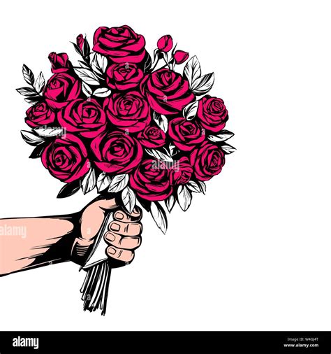 Hand Gives A Bouquet Of Flower Roses Greeting Card Hand Drawn Vector