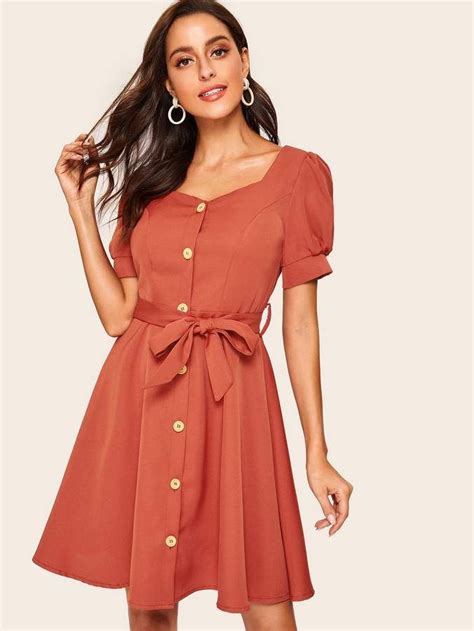 Shein Button Front Puff Sleeve Sweetheart Neck Belted Dress Belted Dress Dress Fit And Flare