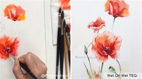 Watercolor Painting Wet On Wet Technique Flower Poppy Youtube