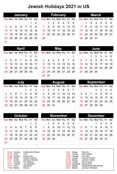 2021 Calendar With Jewish Holidays