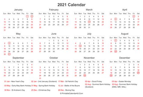 2021 Calendar With Uk Bank Holidays At Bottom Landscape Layout