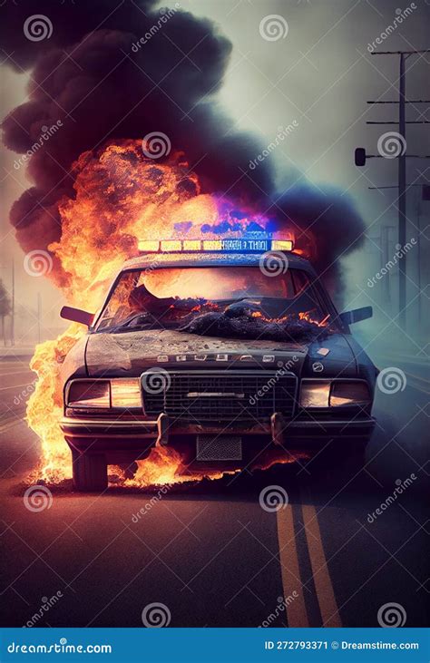 Burning Police Car On The Highway Ai Generated Stock Illustration Illustration Of Disaster