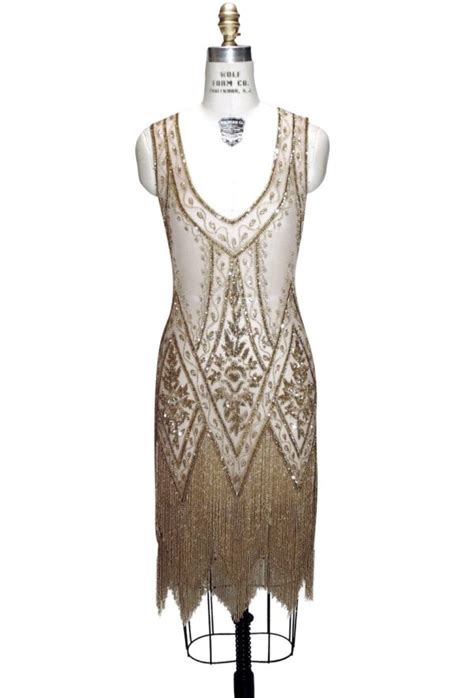 Luxury 1920s Vintage Flapper Beaded Fringe Gatsby Gown Antique Gold