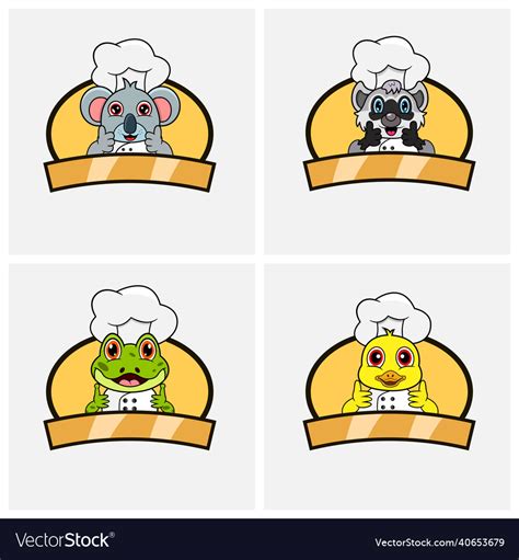 Cute Animals Chef Set Wearing Hat And Cooking Vector Image