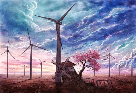 Hd Wallpaper Artwork Trees Landscape Sky Clouds Windmill Cloud