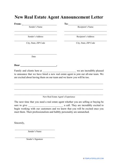 New Real Estate Agent Announcement Letter Template Download Printable