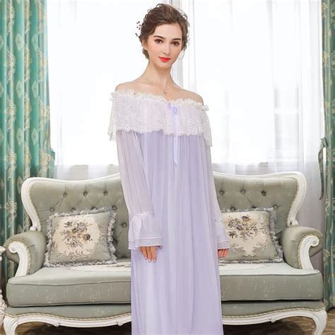 Womens Vintage Victorian Nightgown Long Sleeve Sheer Sleepwear Pajamas Nightwear Lounge Dress S