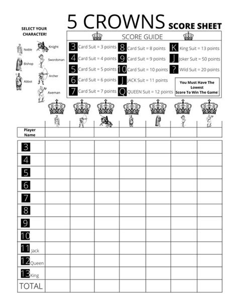 5 Crowns Score Card With Added Character Select Printable Etsy