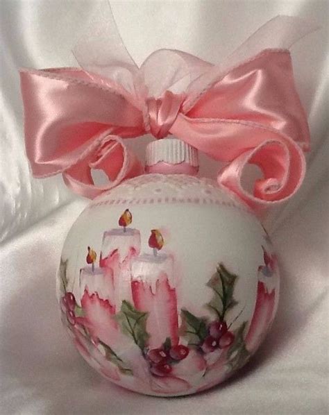 Hand Painted Christmas Ornament Cottage Chic Pink Candles Holly Shabby