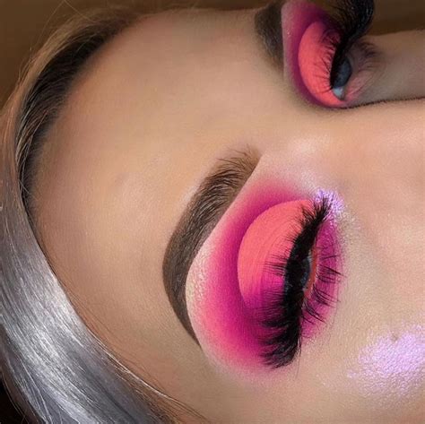 Stunning Neon Pink Cutcrease Eye Shadow Look Burgundy Makeup Red Lip