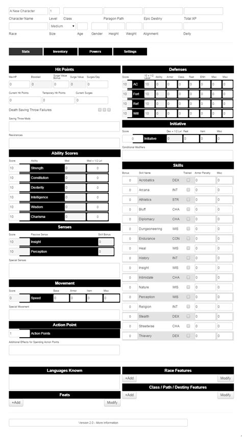 Dnd 4e Character Sheet Form Fillable Printable Forms Free Online