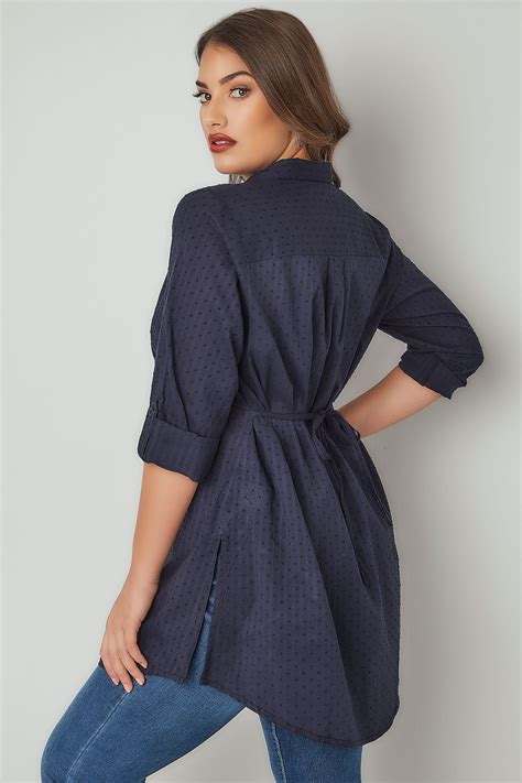 Navy Dobby Textured Shirt With Tie Fastening Plus Size To