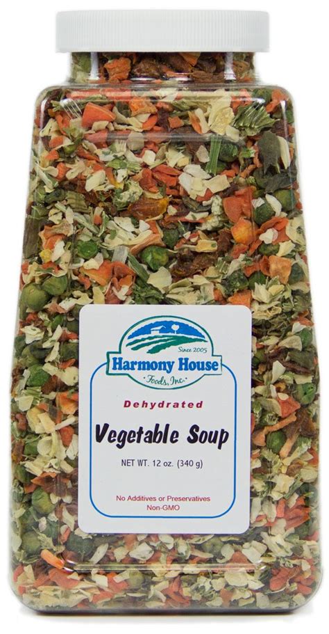 Dried vegetable gourmet backpacking meals are a healthy, convenient option for camping, hiking, rving, meal prep food or cooking at home. Harmony House 12 oz Jar of Dehydrated Vegetable Soup Mix