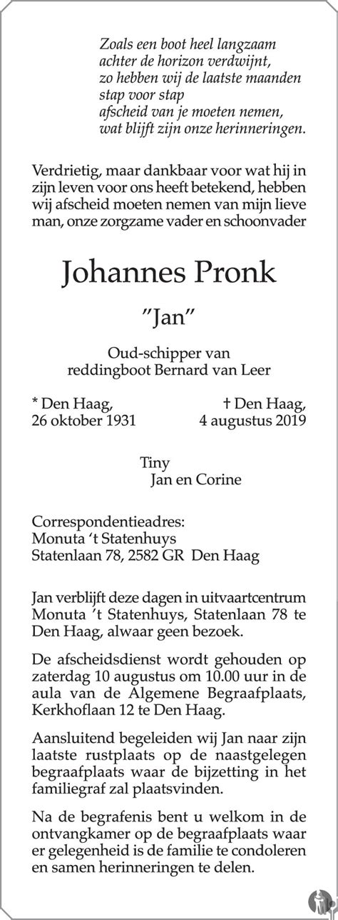 Johannes Jan Pronk 04 08 2019 Overlijdensbericht En Condoleances
