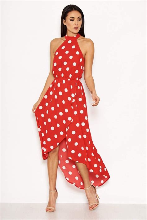 Red Polka Dot High Neck Wrap Dress In Dresses Red Dress Maxi