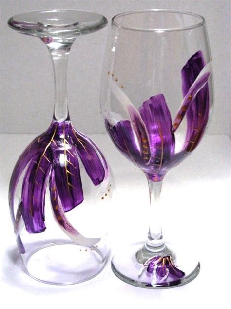 Hand Painted Wine Glasses Elegant Purple And Gold By Prettymydrink Painted Wine Glasses