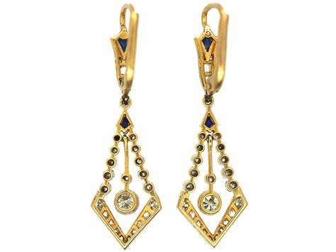 Art Deco Ct Gold Platinum Sapphire Diamond Drop Earrings N