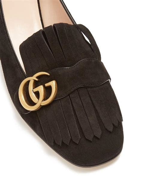 Gucci Marmont Fringed Logo Embellished Suede Loafers In Black Modesens