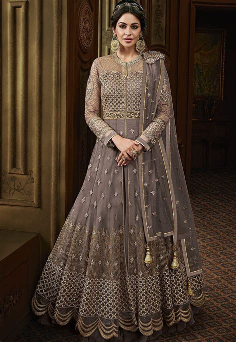 Grey Net Heavy Embroidered Floor Length Anarkali Suit 15011