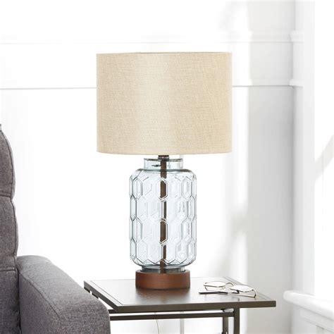 Industrial farmhouse details meet a minimalist silhouette in this table lamp to create a coastal farmhouse accent on your console or end table. Better Homes & Gardens Blue Geo Textured Glass Table Lamp ...