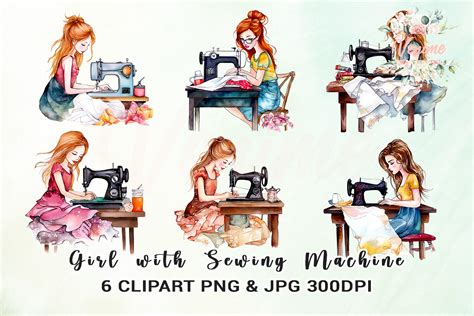 Girl With Sewing Machine Watercolor Graphic By Venime Creative Fabrica