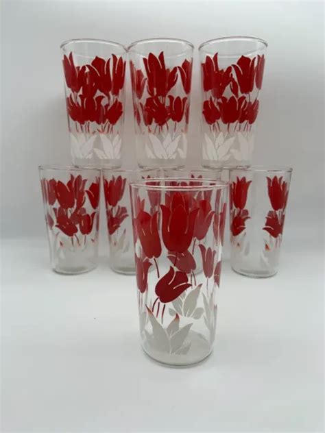 SET OF Vintage Hazel Atlas Juice Glasses Red And White Tulips