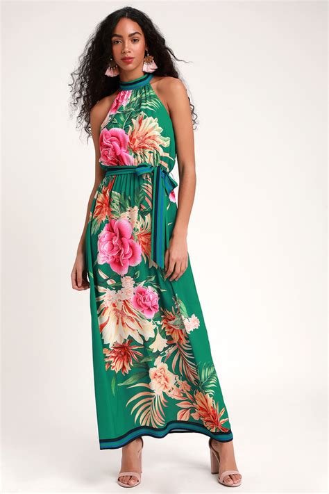 Lovely Green Tropical Print Dress Halter Dress Maxi Dress Lulus