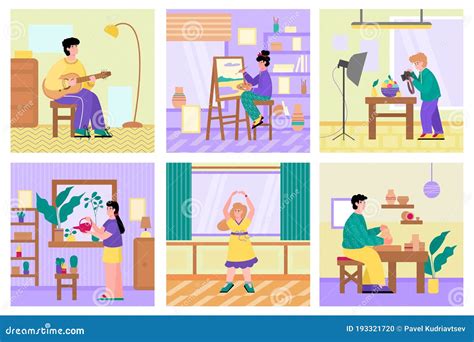 Set Of Peoples Free Time Activities And Hobbies Flat Cartoon Vector