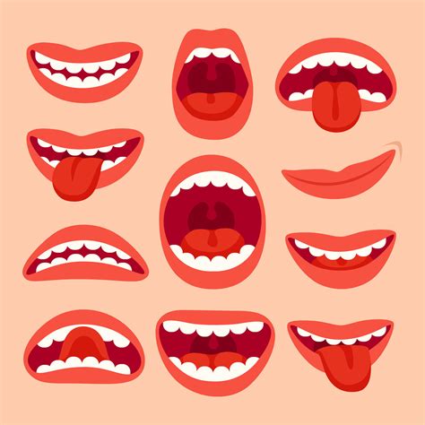 Cartoon Mouth Elements Collection Show Tongue Smile With Teeth Expr