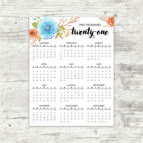 Customise and print calendar 2022 : 2021 Year At A Glance Calendar | Blue Floral | Printable ...