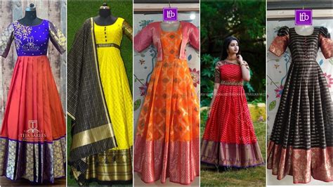 Latest Designer Long Frocks From Silk Sarees 2022latest Long Frock Designs Pattu Dress