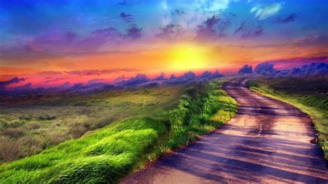 Photo Manipulation Landscape Nature Road Field Sunset Grass Clouds Wallpapers Hd