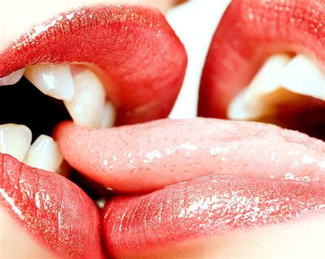 Hd Wallpaper Human Tongue Kiss Lips Biting Play Red Lipstick