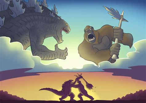 Two Monsters Fighting Each Other In Front Of A Blue Sky With Clouds And Mountains Behind Them